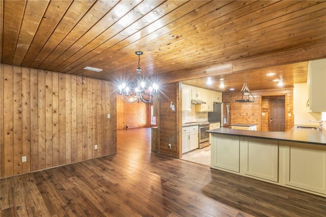 kitchen featuring sink, wood ceiling, hanging light fixtures, hardwood / wood-style floors, and white cabinets