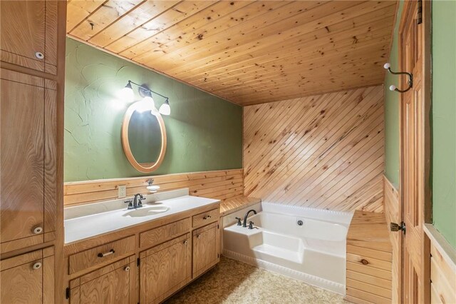 bathroom featuring wooden ceiling, a bathing tub, vanity, and wood walls