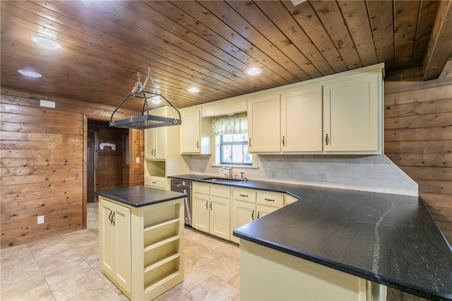 kitchen featuring wooden walls, tasteful backsplash, dishwasher, a center island, and wooden ceiling