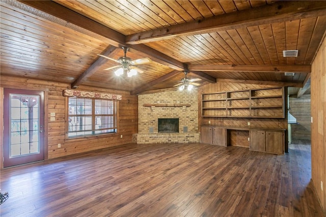 unfurnished living room with a brick fireplace, wood ceiling, dark hardwood / wood-style floors, and wood walls