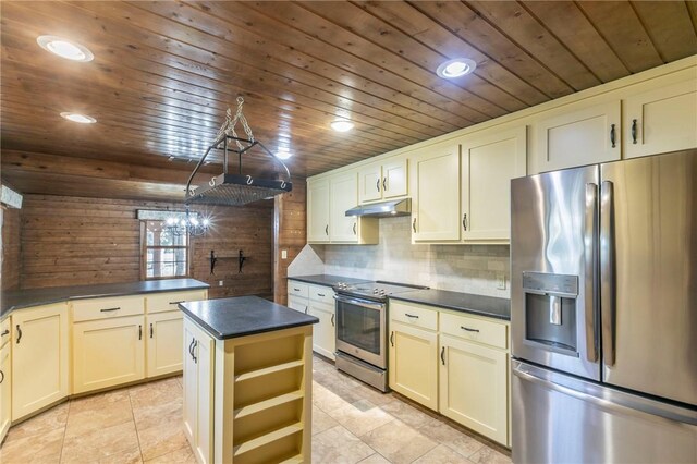 kitchen featuring tasteful backsplash, a center island, stainless steel appliances, wooden ceiling, and cream cabinetry