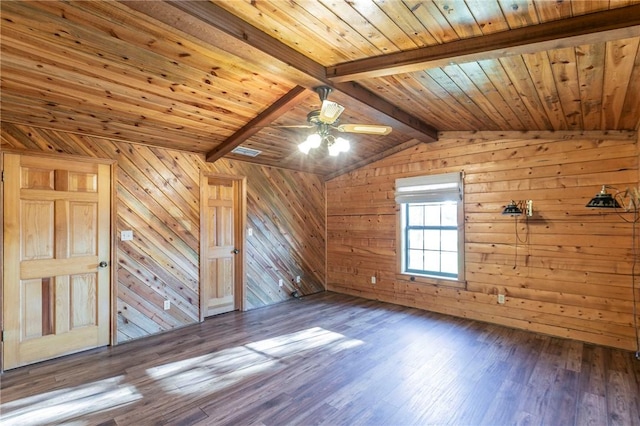 bonus room featuring hardwood / wood-style floors, lofted ceiling with beams, wooden ceiling, and wooden walls