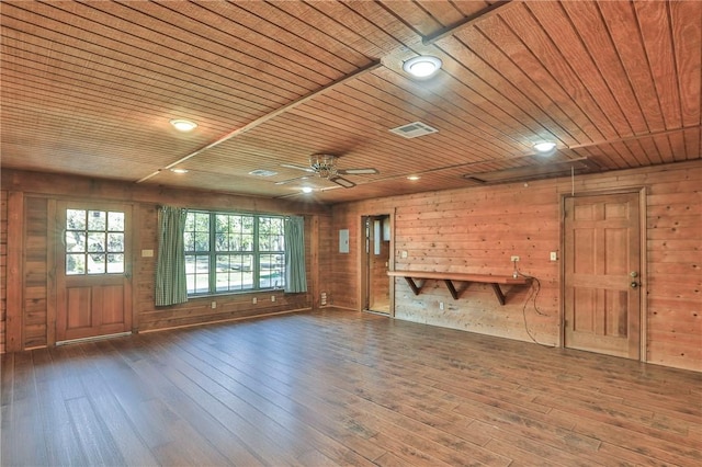 unfurnished living room featuring ceiling fan, wooden walls, wooden ceiling, and dark hardwood / wood-style flooring