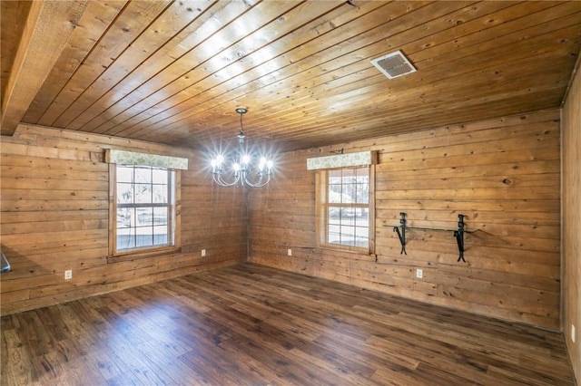 empty room featuring dark wood-type flooring, wooden walls, wooden ceiling, and an inviting chandelier