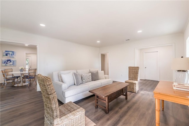 living room with dark hardwood / wood-style floors