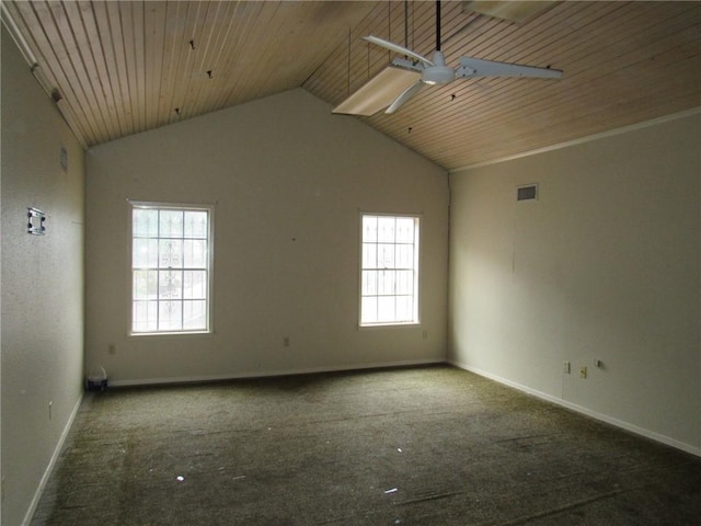 spare room with high vaulted ceiling, a healthy amount of sunlight, and wood ceiling