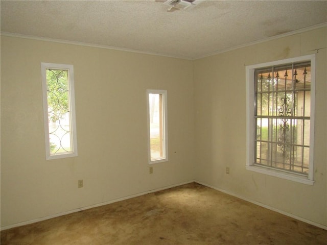 unfurnished room featuring carpet flooring, crown molding, and a textured ceiling