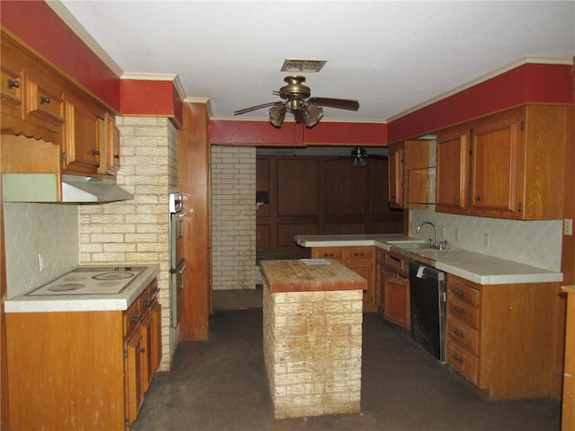 kitchen featuring ceiling fan, sink, black dishwasher, crown molding, and white cooktop