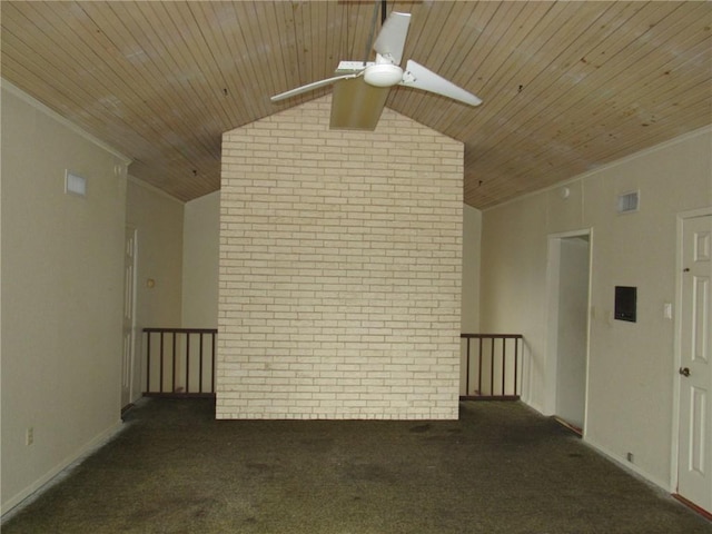 bonus room featuring dark colored carpet, vaulted ceiling, ceiling fan, wood ceiling, and brick wall