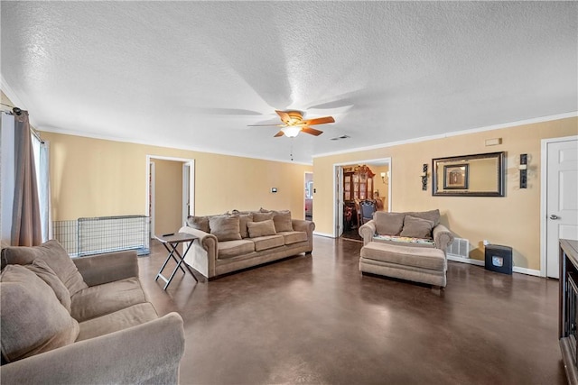 living room with a textured ceiling, ornamental molding, and ceiling fan