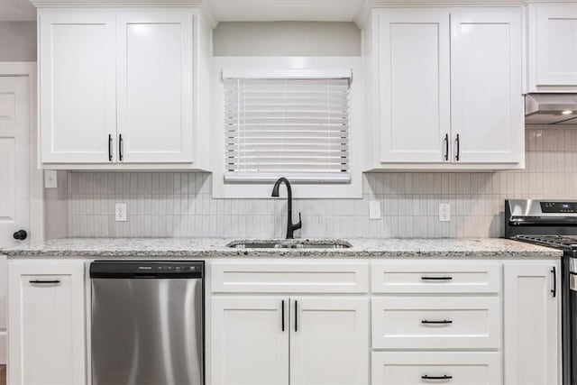 kitchen with white cabinets, sink, appliances with stainless steel finishes, tasteful backsplash, and extractor fan