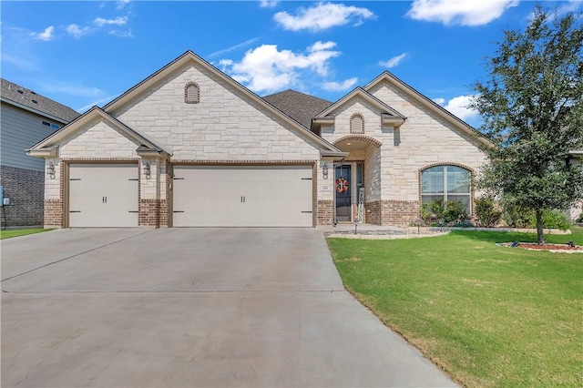 view of front of house with a front yard and a garage