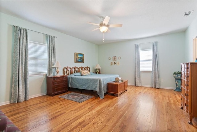 bedroom featuring light hardwood / wood-style flooring and ceiling fan