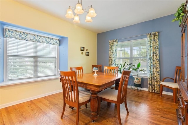 dining room with a chandelier, light hardwood / wood-style floors, and plenty of natural light