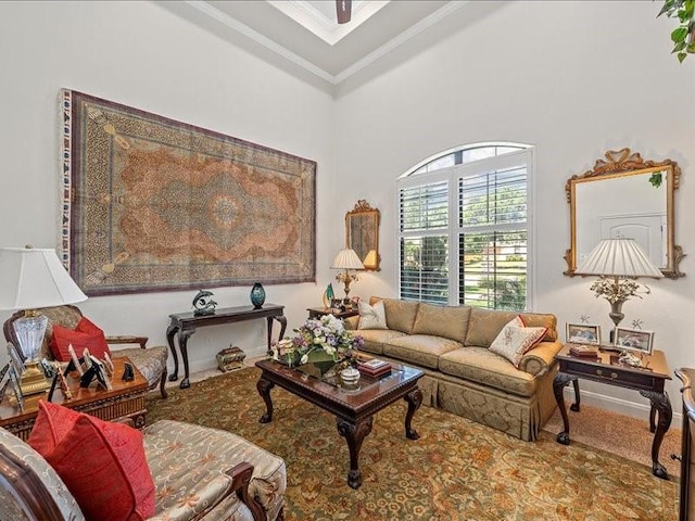 carpeted living room with ornamental molding