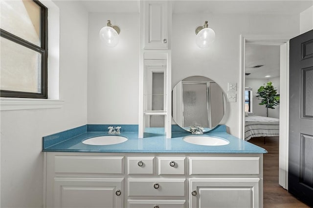 bathroom with hardwood / wood-style floors and vanity