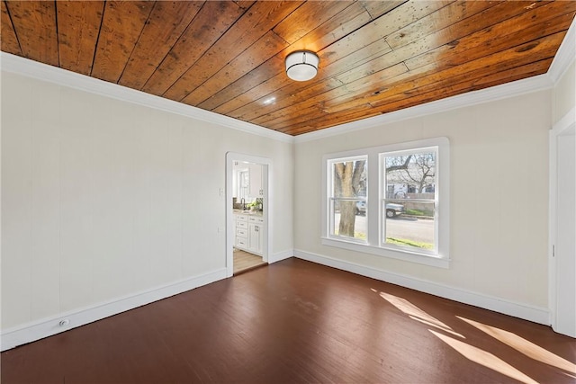 spare room with wooden ceiling, crown molding, and dark wood-type flooring