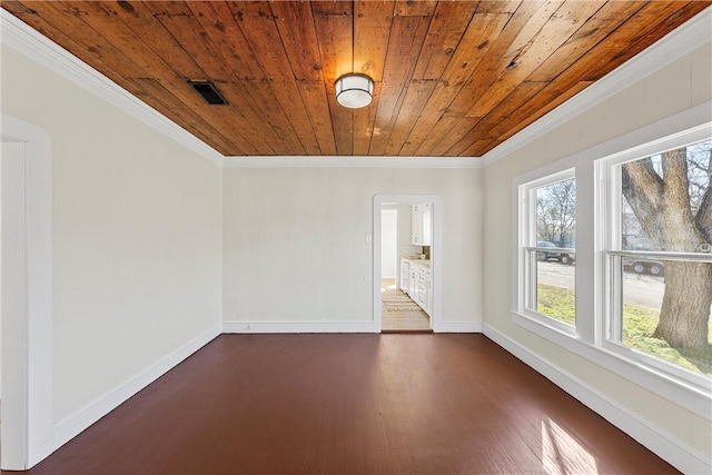 spare room with dark hardwood / wood-style flooring, wooden ceiling, and crown molding