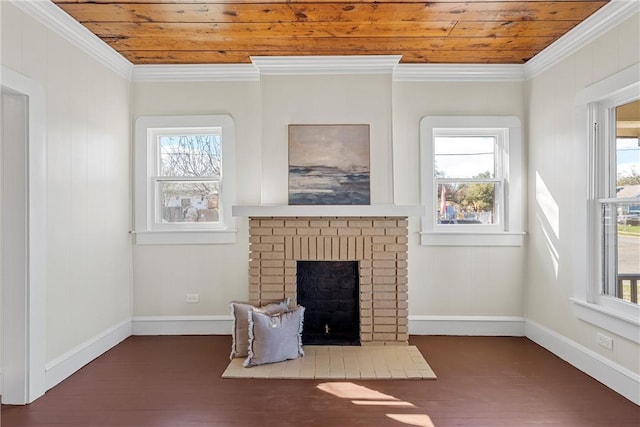 unfurnished living room with wooden ceiling, a fireplace, and crown molding