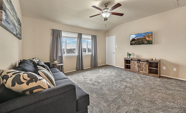 living room with carpet flooring, ceiling fan, and lofted ceiling