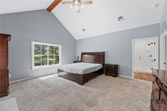 bedroom featuring beam ceiling, ceiling fan, high vaulted ceiling, and light colored carpet