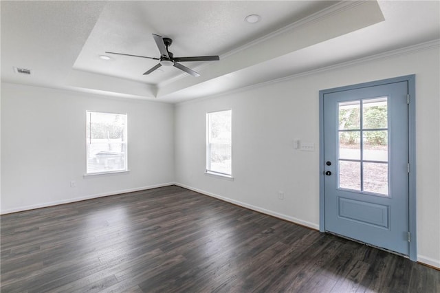 entrance foyer featuring a raised ceiling, ceiling fan, dark hardwood / wood-style flooring, and ornamental molding