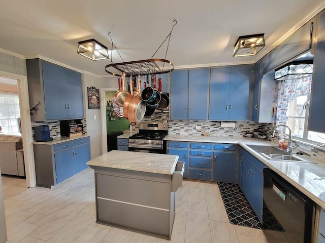 kitchen with black dishwasher, blue cabinets, stainless steel range with gas stovetop, and sink