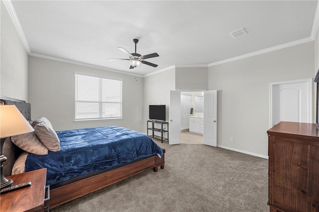 bedroom featuring ceiling fan, carpet floors, ensuite bathroom, and ornamental molding