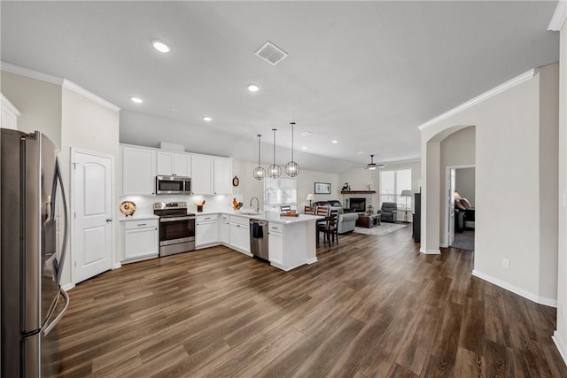 kitchen featuring kitchen peninsula, pendant lighting, stainless steel appliances, and dark hardwood / wood-style flooring