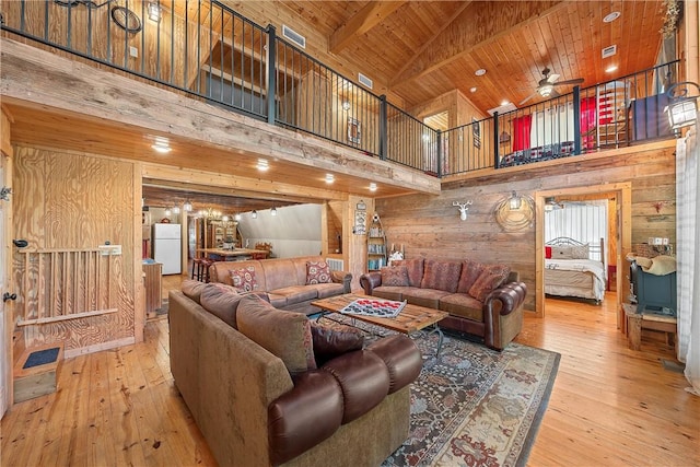 living room featuring hardwood / wood-style flooring, high vaulted ceiling, wooden ceiling, and wood walls