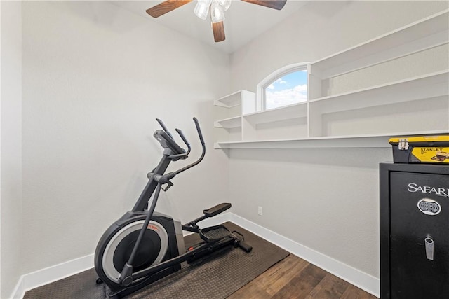 exercise room featuring hardwood / wood-style floors and ceiling fan