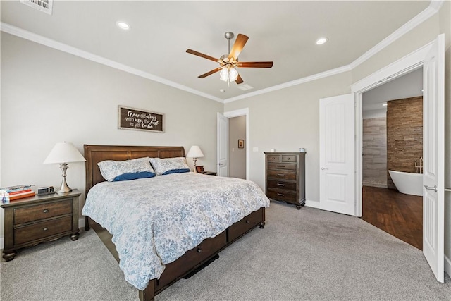 bedroom with light colored carpet, ceiling fan, and crown molding