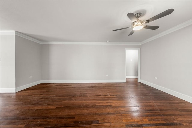 spare room with ceiling fan, dark hardwood / wood-style floors, and ornamental molding