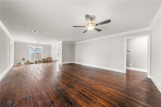 unfurnished living room with crown molding, dark hardwood / wood-style flooring, and ceiling fan