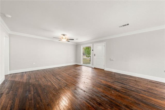 spare room with ceiling fan, dark hardwood / wood-style flooring, and ornamental molding