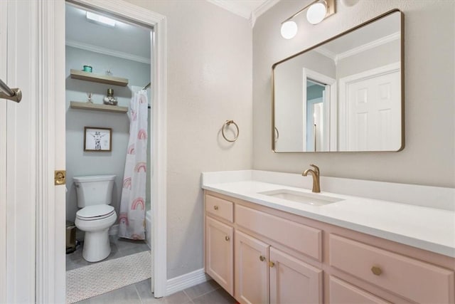 bathroom with tile patterned floors, vanity, toilet, and crown molding