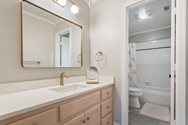 full bathroom featuring vanity, toilet, shower / bath combo with shower curtain, and crown molding