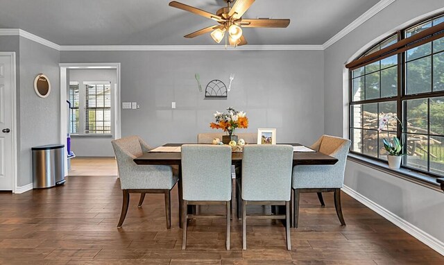 dining area with crown molding, ceiling fan, and dark wood-type flooring