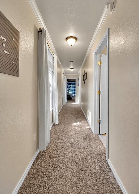 hall featuring crown molding and light carpet