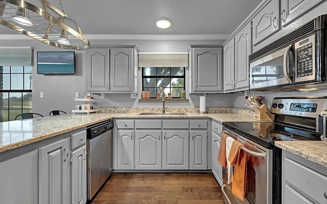 kitchen with crown molding, sink, dark hardwood / wood-style floors, and appliances with stainless steel finishes