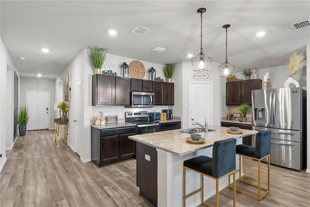 kitchen with dark brown cabinetry, a center island with sink, visible vents, and stainless steel appliances