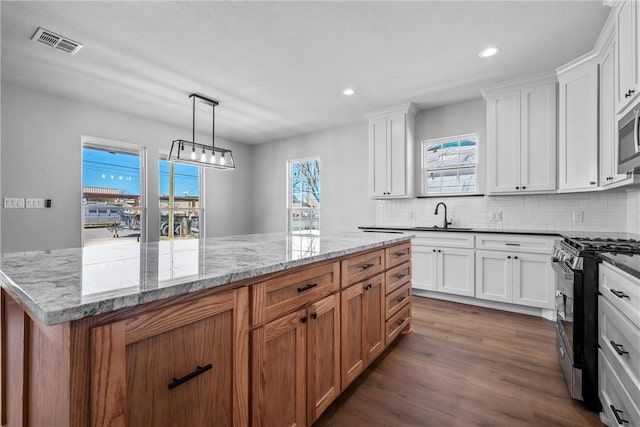 kitchen featuring a sink, visible vents, decorative backsplash, dark wood-style floors, and gas range