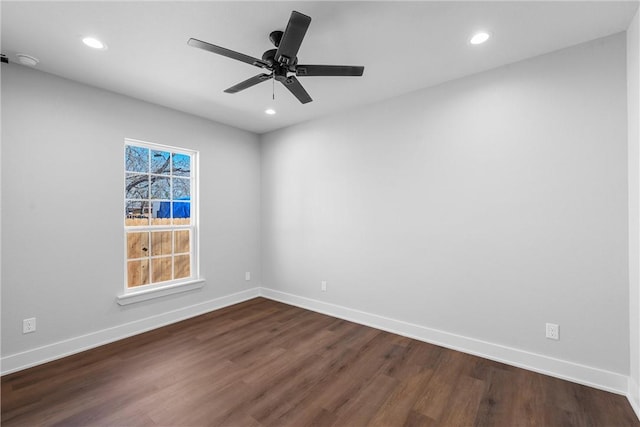 unfurnished room with ceiling fan, baseboards, dark wood-type flooring, and recessed lighting