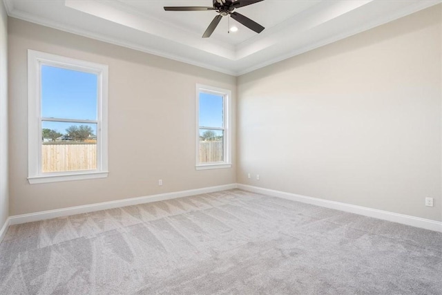 carpeted empty room featuring a raised ceiling, ceiling fan, and ornamental molding