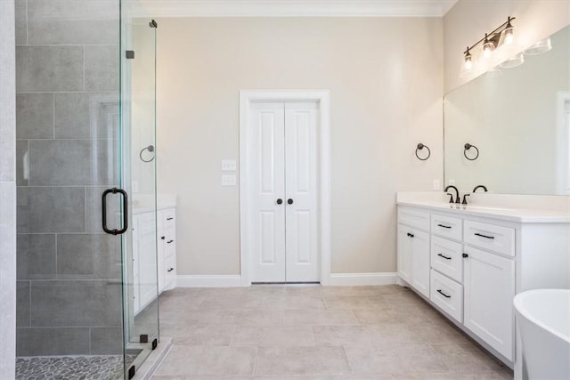 bathroom with shower with separate bathtub, vanity, and tile patterned floors