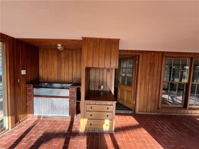 kitchen with wood walls and a textured ceiling