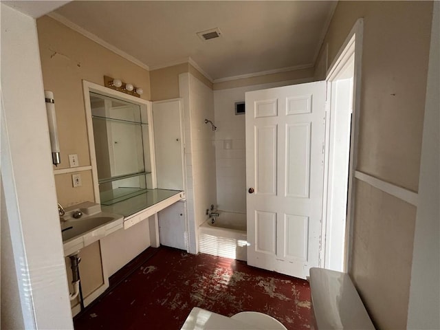 bathroom featuring shower / tub combination, crown molding, and sink