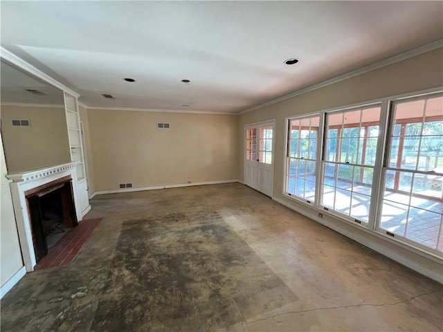 unfurnished living room with crown molding