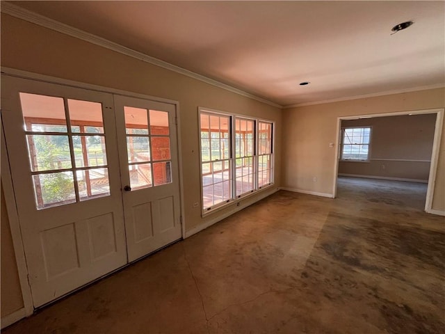 doorway to outside featuring crown molding