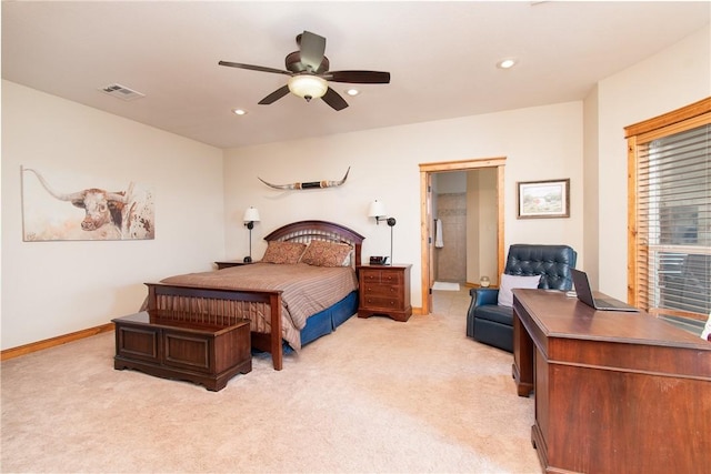 carpeted bedroom with ceiling fan